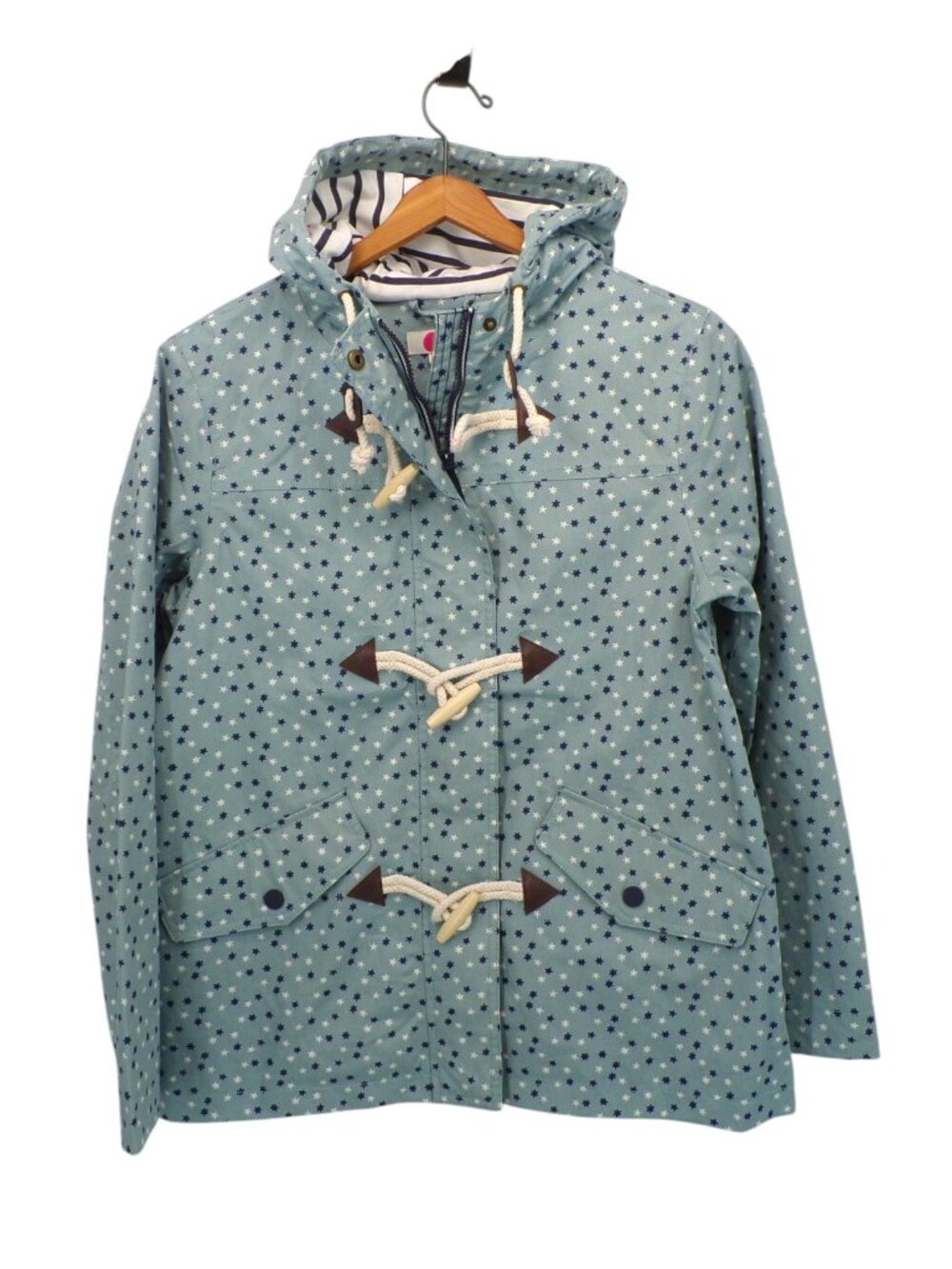 Boden Hooded Dufffle Coat Women's 6 Blue Star Print Zip and Toggle Cotton